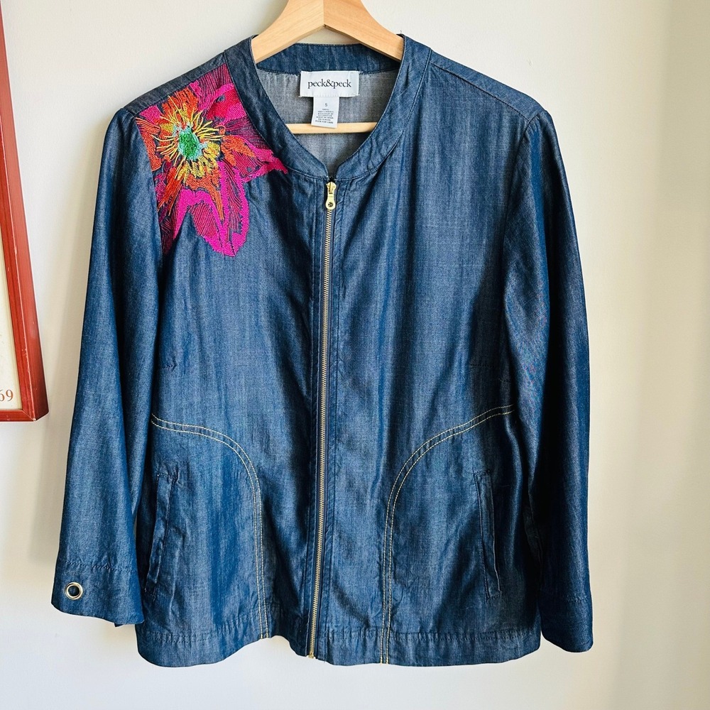 Peck & Peck Women Blue‎ Lyocell Denim Zip Up Jacket Floral Embroidered Small